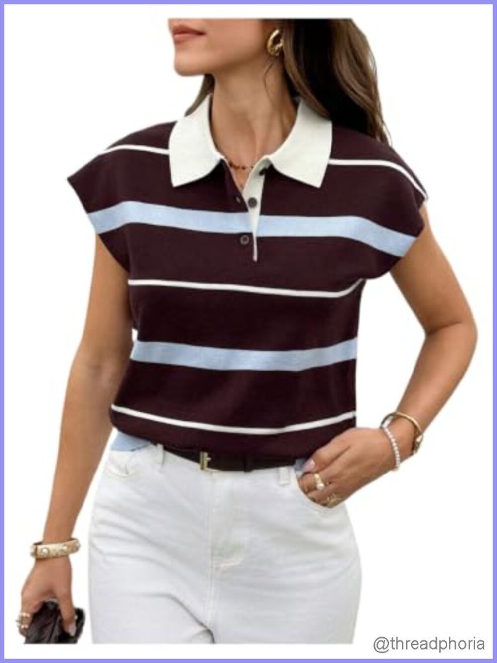 Women's Striped Sweater Vest Cap Sleeve Collared Rugby Knit Top